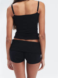 Knitted Ribbed 2 Piece Set Women Outfits Sleeveless Ruched Strap Camis Slim Fit Tank Tops Low Waist Shorts Streetwear-Outfit
