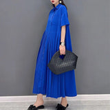 Women's Clothing Korean Pleated Patchwork Long Dress Casual Loose Summer All-match Solid Color Commute Polo-Neck Button Dresses-Outfit
