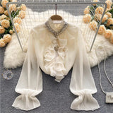 Elegant Shirts Women Design Diamonds Loose Casual Tops Long Sleeve Ruffles Gentle Office Lady Blouses