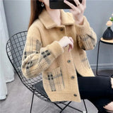 Mink Cashmere Plaid Sweater Cardigan Women Korean Fashion Single Breasted Knitted Coat Autumn Vintage Short Sweater