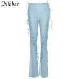 Y2k Harajuku Pure Color Flare Pants Women Summer Sexy Tulle Perspectivity Hollow Out Bandage Fashion Streetwear 2022