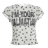 2025 Summer New Women's Hottie Collar Print Wood Ear Perspective Mesh Yarn Short Top