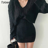 Knit Skirt Sets Women Outfits Autumn Long Sleeve Sweaters And Mini Skirts Elegant High Waist Casual Matching Set