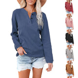 V Neck Solid Top T Shirt Women Button Long Sleeve Vintage Clothes Casual Loose Autumn Spring Tee Pullover