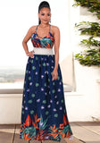 Printed Sweet V-neck Sleeveless Lace Belted Maxi Smock
