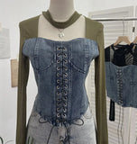 Sexy Hollow Hanging Neck Cowboy Splicing Mesh Strap With Irregular Long-Sleeved T-Shirt Short Top