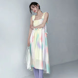 Tie Dye Colorblock Sling Dress For Women Square Collar Sleeveless Loose Midi Dresses Female Summer Clothing