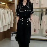 Lady Solid Color Matching Sets Stylish Bright Line Decoration Casual Polo-Neck Single-breasted Summer Elastic Pant