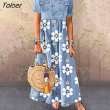 Summer Women Dress Single-breasted Patchwork Short Sleeve Pockets Floral Print Maxi Dress Loose Dresses Robe Femme
