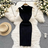 Women Knitted Strap Dress Sexy Sleeveless Slim Elastic Pencil Dress Summer Tank Bodycon Streetwear Midi