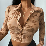 Blusas Vintage Floral Print tee shirt Woman Cardigan Shirts Cropped Aesthetic Button Up Autumn Baby Tee Y2K