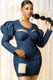Sexy Cut Out Puff Sleeve Blue Denim Bodycon