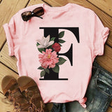 Letter Alphabet A-Z Women T-Shirts Fashion Breathable Flowers Short Sleeve Casual Tops Couple Basic Tee Crew Neck Clothes