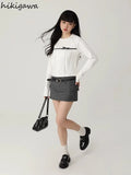 Woman Tshirts 2023 Ropa Mujer Long Sleeve O-neck Crop Tops Shirts for Women Sweet Bow Fashion Vintage Casual T-shirts-Outfit