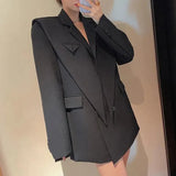 Solid Color Shoulder Pads Blazer For Women Long Sleeves Patchwork Irregular Suits Female 2022 Spring Fashion