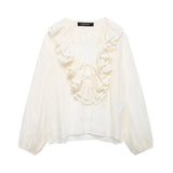Early And Early Autumn New French Sweet V-Neck Thin Long-Sleeved Lotus Leaf Shirt Top