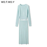 WOTWOY Knitting Cashmere Pullover and Skirt Two Piece Set Women Slim Fit Cropped Tops Women Autumn Elegant Sweater Outfits