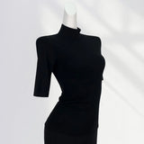 Toloer High Temperament Style Half High Collar Sleeve Bottom Shirt Female Five Sleeve Black With Short Sleeve Slim