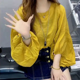 Loose Solid Color Blouse Women's Clothing Fashion Round Neck Commute Button Summer All-match Nine Quarter Sleeve