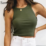 Khaki White Ribbed Casual Knitted Women Crop Tops Sleeveless Black Summer Sexy O Neck Basic Vest Skinny Tank
