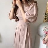 Solid Casual Chic Elegant Dress for Women High Waist O-Neck Straps Short Lantern Sleeves Pleated Midi Dresses Summer