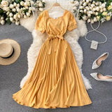 Vintage Square Collar Pleated Dress Women Spring Summer 2021 New Fashion Yellow/Blue/Red High Waist Bandage Party Vestidos