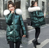Jacket Women 2021 Female Parka Coat Mid Long Overcoat Hooded Warm Hooded Artificial fur collar Shiny Down Cotton