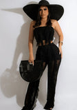 Sexy Strapless Sleeveless High Waist Solid Mesh Ruffles Loose Two Piece Pants