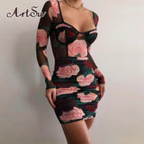 Long Sleeve Square Collar Patchwork Floral Print Mesh Mini Dress Autumn Winter Women Fashion Sexy Party Club