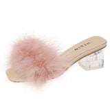 Woman's Slippers Low Square heel Slides Big Size Fur Flip Flops 2022 Summer Soft Block Plush Rome Basic PU Fabric Hoof