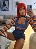 Streetwear 2 Two Piece Sets Bodycon Bodysuit Women Long Sleeve Tops O Neck One-Pieces Rave Outfits Print Bodysuits