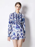 2 Piece Outfits Women Stand Collar Lantern Sleeve Blue And White Porcelain Shirts and High Waist Pockets Short Set