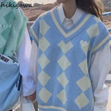 Style Sweater Vest Women Clothing Fashion Sweet Sleeveless Tanks Casual Plaid Waistcoat 2023 Ropa Mujer Oversized Tops-Outfit