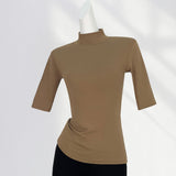 Toloer High Temperament Style Half High Collar Sleeve Bottom Shirt Female Five Sleeve Black With Short Sleeve Slim