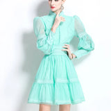 Elegant Bubble Sleeve Lace Splicing Mesh Dress Women's Court Collar Lantern Sleeve A-Word
