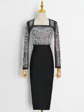 Patchwork Beads Two Piece Sets For Female Square Collar Long Sleeve Cropped Top With High Waist Skirt Women's