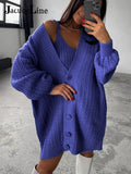V Neck Long Sleeve Knitted Sweater Women Cardigan 2021 Winter Sexy Tank Top And Button Oversize Sweaters 2 Piece