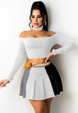 Off Shoulder Long Sleeve Crop Top and Pleated Matching Skirts 2pc