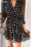 Ladies Casual Ruffle Chiffon Mini Dress Spring Long Flare Sleeve V Neck Sweet Print Elegant Office Evening Party