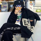 Women's street brown graffiti print zip vintage tops hoodie sweatshirts hoodies kawaii Blouse grunge y2k coats Autumn