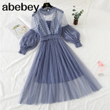New Women Fashion Dress Stand Collar Lantern Sleeve Mesh Dress See-through Lace Embroidery Fairy Dress Femme Vestidos