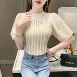 Summer Lace Women's Blouse High-quality Korean Short Sleeve Fashion Stand Collar Shirt Floral Hollow Lace Loose Tops
