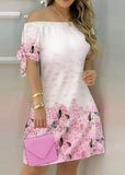 Printed Off Shoulder Short Sleeve Casual Midi