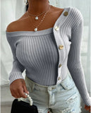 Fashion Off Shoulder Pullover Sweater Knitted Women Autumn Winter Buttons Diagonal Collar Threaded Long Sleeve Tops
