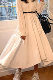 Women Dress Long Sleeve Spring Autumn Vintage Designer Collar Lapel Button Up Ruched Ruffles Cotton White Dresses Female