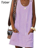 Casual Women Solid Color Pocket Mini Dress Sleeveless Button Sundress Summer Elegant Fashion Women's Clothing