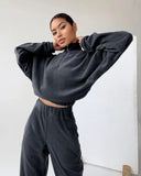 Solid Women Zipper Stand Collar Tops Autumn Winter Two Piece Sets Splice Full Sleeve Elastic Waist Straight Long Pants Set-Outfit