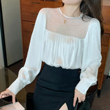 Mesh Satin Chiffon Shirt Long Sleeve Pleated Loose Vintage Blouse Autumn Casual O-neck Beading Stitching Blouse