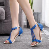 party Sandals Women White Lace Flowers Bridal Pearl Heel 9cm Fine High Heels Thin Bridal Pumps Wedding
