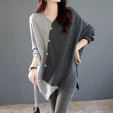 Button Solid Color Spliced Sweaters Casual Autumn Irregular Fashion Batwing Sleeve Loose Knitted Jumpers Women's